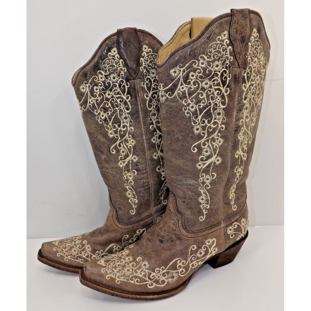 Corral  Brown Crater Bone Embroidered Floral # 1094 Boots Snip Toe 6.5 M Wedding
